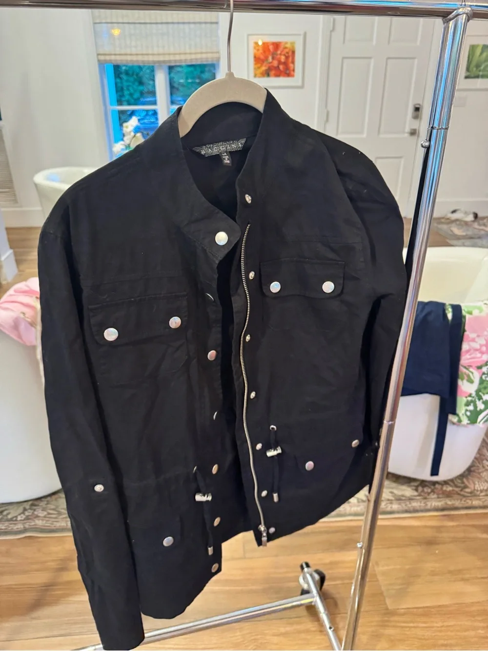 Black womens Utility Jacket with Snap Front